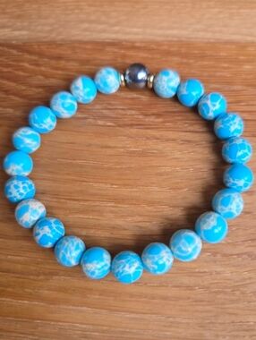Blue Sea Sediment Jasper Bead Stretch Bracelet, Hand Crafted